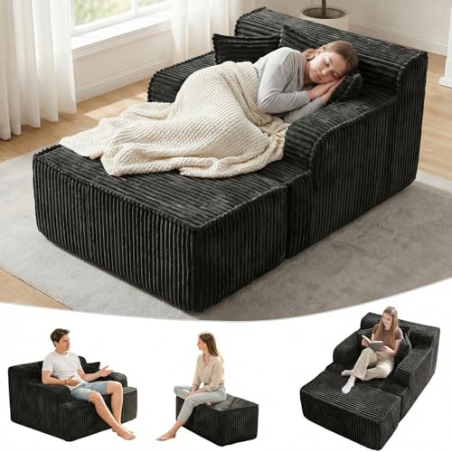 feliz home Chaise Lounge Chair Indoor,Boneless Chair with Ottoman,Comfy Reading Chair for Adults,Small Sofa Bed Couch for Living Room,Single Sleeper Chair Bed,Black
