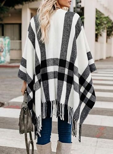 Image of Bestshe Women's Boho Open Front Poncho Plaid Shawl Wrap Cape | Tassel Cardigan Sweater, Cozy Layering, Fall Winter Clothes for Women