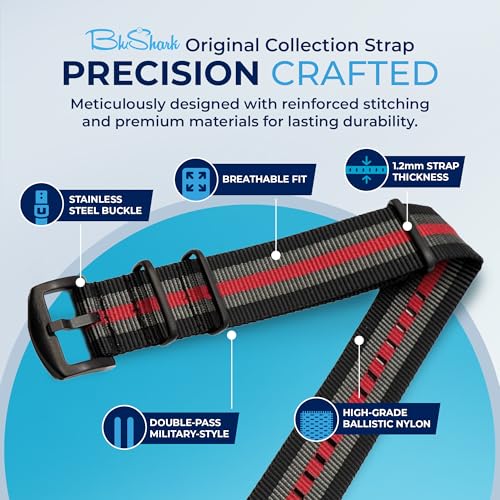 Image of BluShark - Original Collection Military-Style Waterproof Watch Strap, Fits All Timepiece Brands, Durable Nylon Wristwatch Accessories with Stainless Steel Buckle - 18mm, 20mm, 22mm & 24mm Watch Bands