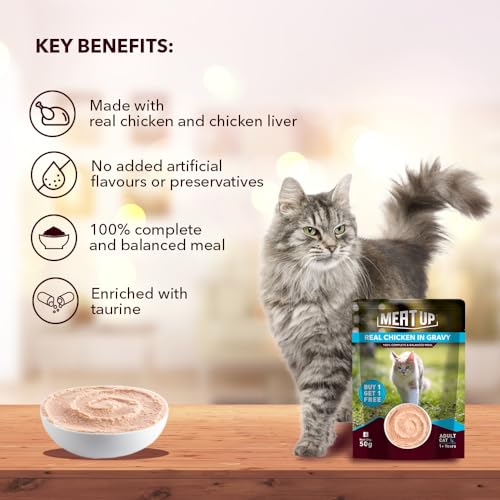 Image of Meat Up Adult Cat Wet Food 16 Pouches x 50g, Total 800g | Real Chicken in Gravy | Supports Heart & Vision Health | Healthy Skin & Coat | Natural Flavours | Organic Minerals & Vitamins