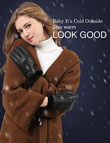 YISEVEN Women's Merino Sheepskin Shearling Leather Gloves Mittens Sherpa Fur Cuff Thick Wool Lined and Heated Warm for Winter Cold Weather Dress Driving Work New Year Gifts, Black Large
