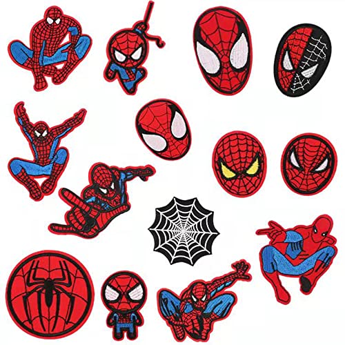 14 pièces Spiderman Patchs Thermocollants, Broderie Patch Thermocollant Patchs de Vêtements Bricolage Autocollants de Fleurs. Appliqués à coudre