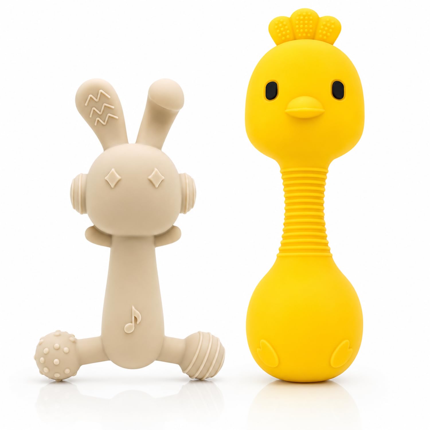 MuyPetit Pollito Sonajero Sticky Mordedor bebé (Amarillo + Beige) | Libre de BPA y tóxicos, Mordedor refrigerante bebe fácil de agarrar, Sonajeros bebe 3-6 meses, Juegos bebes 6-12 meses