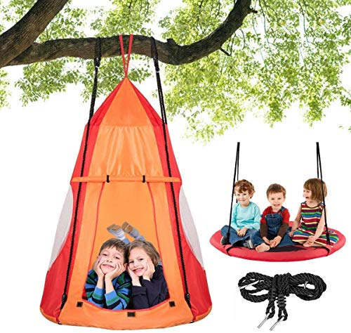 Costzon 2 in 1 Kids Detachable Hanging Chair Swing Tent Set, Hammock Nest Pod Hanging Swing Seat for Boys/Girls, Children Outdoor Indoor Swing Play House with Play Tent, Max Capacity 330 LBS (Orange)
