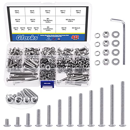 Image of Glarks 413Pcs M5 Stainless Steel Button Head Hex Socket Cap Screw Bolt and Nut Assortment Kit with Hex Nuts, Flat Washers, Lock Washers for Machinery Furniture Car Repair