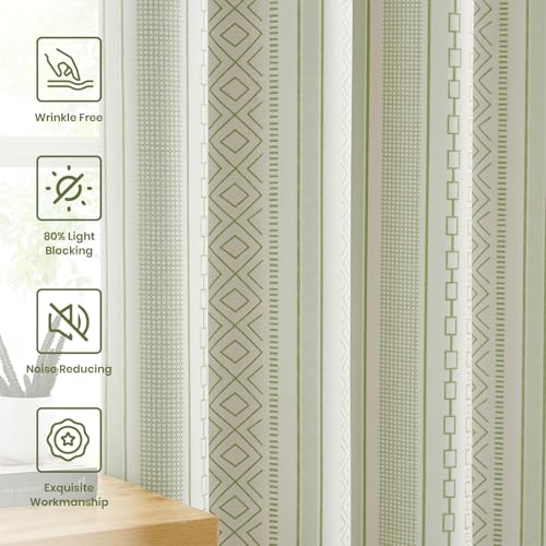 Rideaux occultants motif géométrique bohème vert sauge 243cm coton