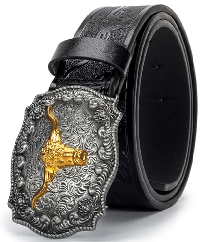 Western Cowboy Belt – Floral Engraved Bull Buckle Vintage Genuine Leather Unisex Jeans 25