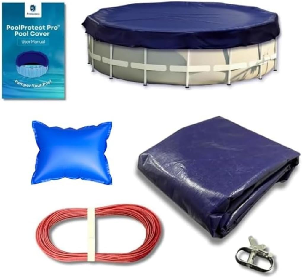 Winter Pool Cover Bundle 15 ft Round for Above Ground + Pillow | 10% Thicker | Ultra Thick Pool Cover | PoolProtect Pro Premium Cold- and UV-Resistant | Protectera (Blue, 15ft + 4x4 Pillow)