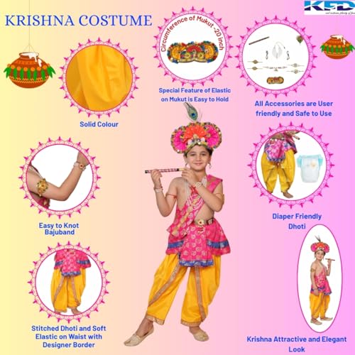 Image of Kaku Fancy Dresses Krishna Costume With Dhoti For Boy /Janmashtami /Bal Gopal Dress /Kanha Costume /Bal Krishna /Mythological Costume For Boy - Yellow-Red, 1-2 Years