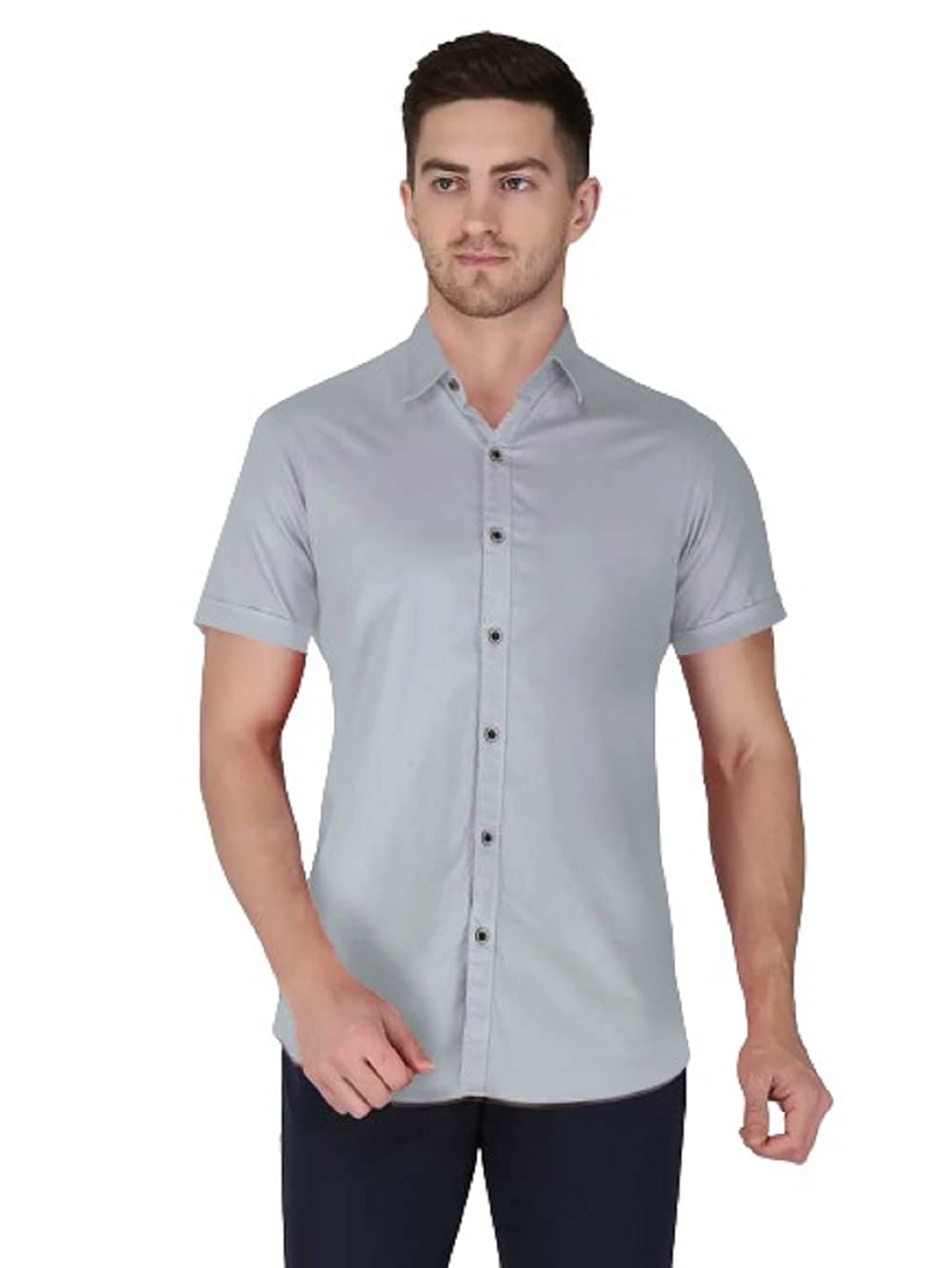 SYSBELLA FASHION Mens Lycra Comfortable Slim Fit Casual Solid Strechable Plain Regular Formal Spread Collar Stylish Handsome Look Half Sleeve Shirt for Men