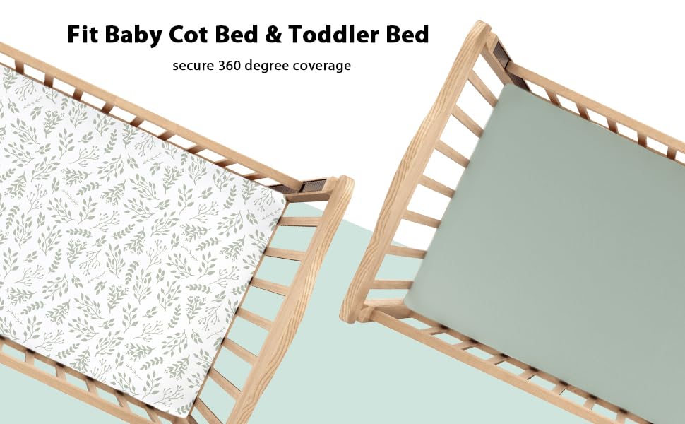 Yoofoss Cot Bed Sheets 65 x 95 cm Fitted Super Soft and Breathable Cot Bed Sheets Cozy Baby Cot Sheets 2 Pack Green and Leaf - Image 2
