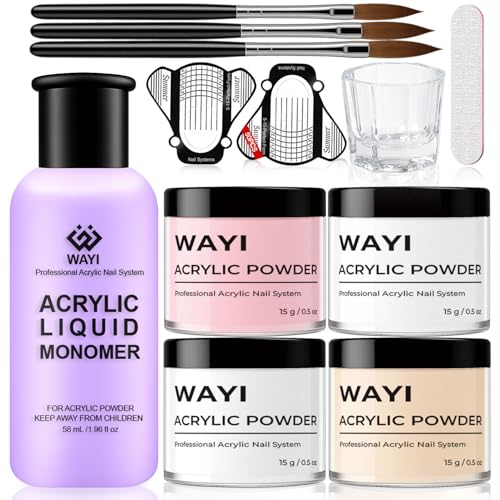 9Pcs Acrylic Nail Kit - 4Pcs Acrylic Powder (Pink, White, Clear, Nude) and Professional Acrylic Liquid Monomer set with Acrylic Nail Brush Nail Forms Glass Cup for Beginner kit