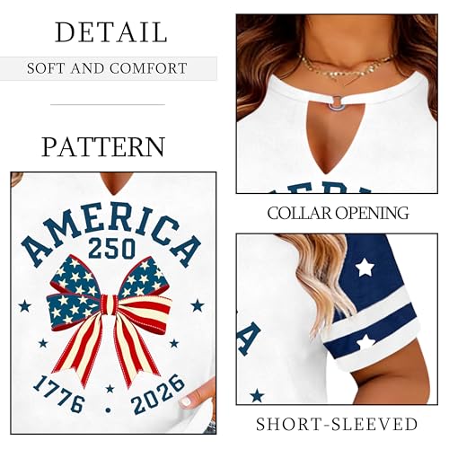 Image of Ithalt Plus Size American Flag Shirt Women Bow T Shirt 4th of July Shirts USA Patriotic V Neck Tees for Independence Day