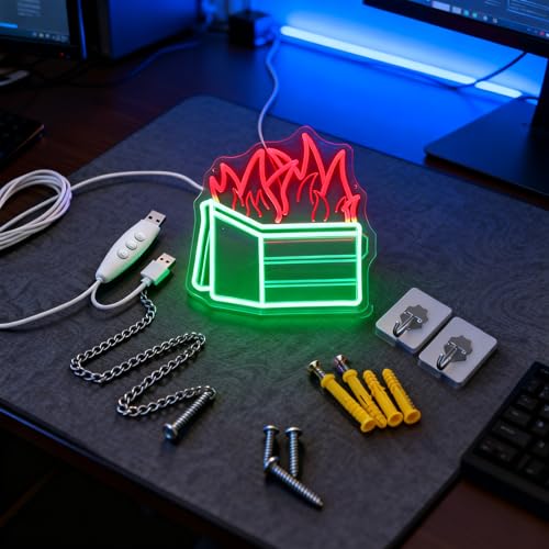 Image of Dumpster Fire Neon Sign, Red Flames & Green Dumpster, 12.8 inchx13.1 inch | LED Wall Art, Dimmable with 3-Button Controller, Includes Hooks, Chain & Wall Anchors, Sarcastic Gift for Women