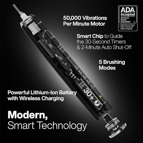 Image of Aquasonic Elite Ultra-Whitening Toothbrush - ADA Accepted Power Toothbrush - 8 Proflex Brush Heads & Travel Case - 50,000 VPM Motor & Wireless Charging - 5 Modes w Smart Timer (Black)