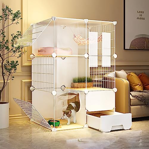 Cage clôture avec échelle bac litière nid et bol chat HJMMWT