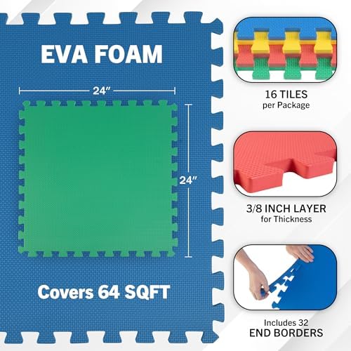 EVA Foam Mat Tiles 16-Pack - 64 SQ FT Interlocking Padding for Playroom or Gym Flooring - Exercise Mat or Baby Playmat by Stalwart (Multicolor) - 1