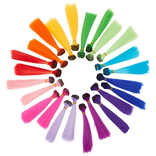 Pelucas sintéticas de pelo liso para muñecas, juego de 24 piezas de pelo para muñecas en 12 colores arcoíris, 15 cm de largo cada una Cover