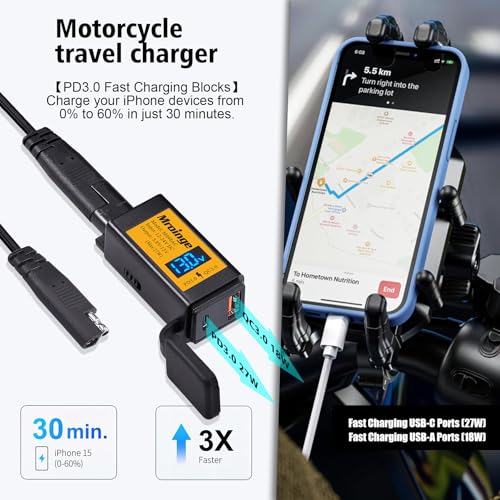 Image of Mroinge Motorcycle USB-C Charger, SAE to USB Adapter, 27W Dual Port USB Fast Charger with Voltmeter /Ammeter and ON /Off Switch, Perfect for Phone, Tablet, GPS etc Charging