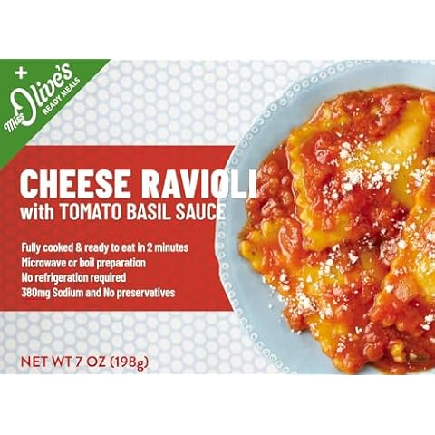 Miss Olives Cheese Ravioli, Shelf Stable, Lower Sodium Ready Meal, 7 ounce (Pack of 6) Cover