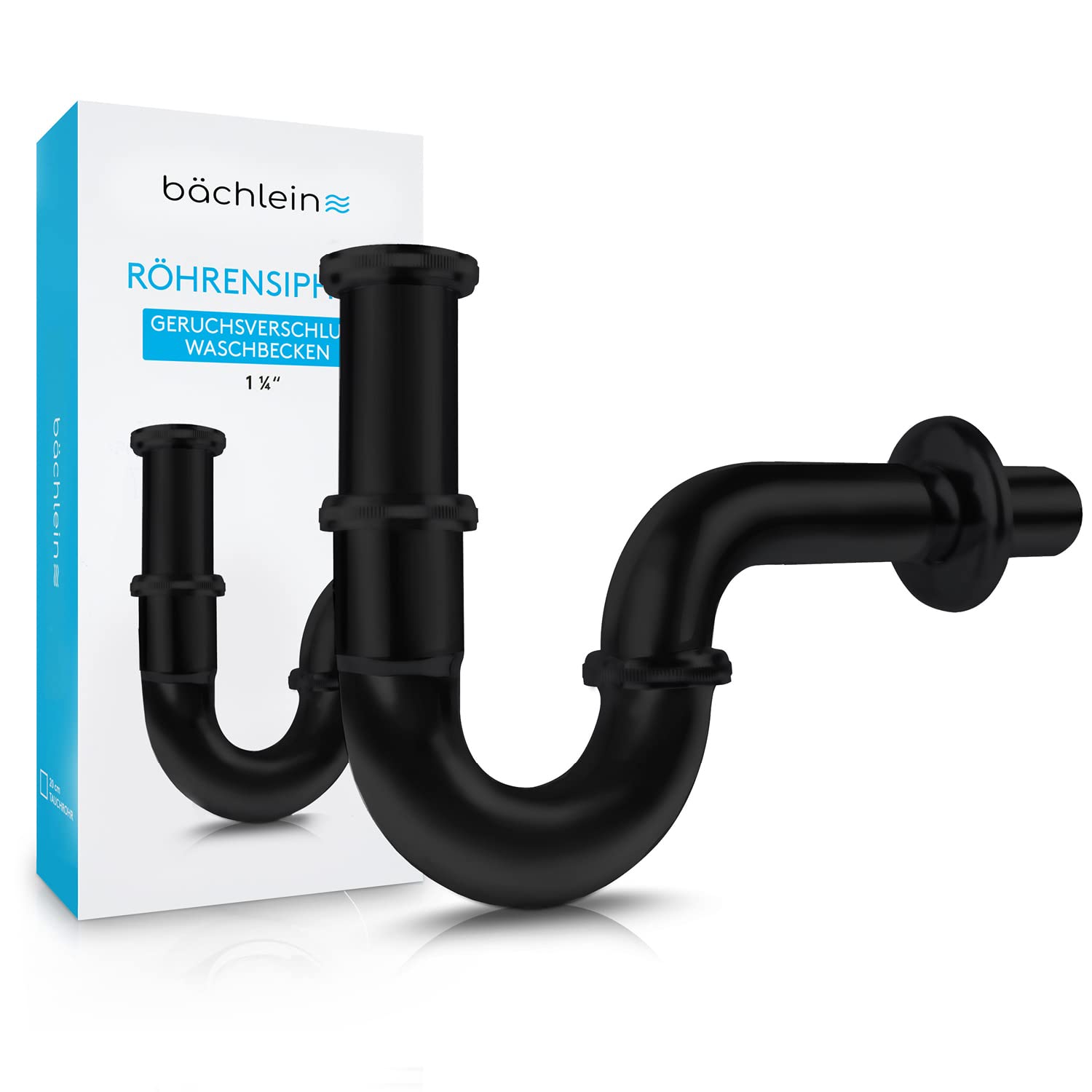 Bächlein Premium Universal Siphon fürs Waschbecken (Standard 85mm SCHWARZ) - Geruchsverschluss inkl. Gummimanschette + Einbauanleitung - Röhrensiphon
