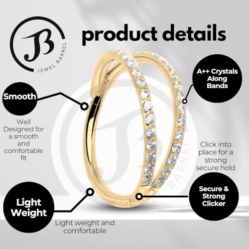 Jewel Barrel Crystal Double Hoop Nose Ring - Hinged Segment Clicker for Septum, Nostril, Cartilage, Helix & Conch Piercings - 18G 16G 14G - 6mm, 8mm & 10mm - Gold & Silver (Gold, 16G - 8mm) - Image 2