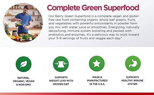 Berry Green Superfood 180 Capsules &30 Day Supply Powder With Enzymes, Probiotics, Antioxidants, Vitamins, Minerals - Alkalize & Detox - Non Gmo, Vegan & Gluten Free. #TOP4