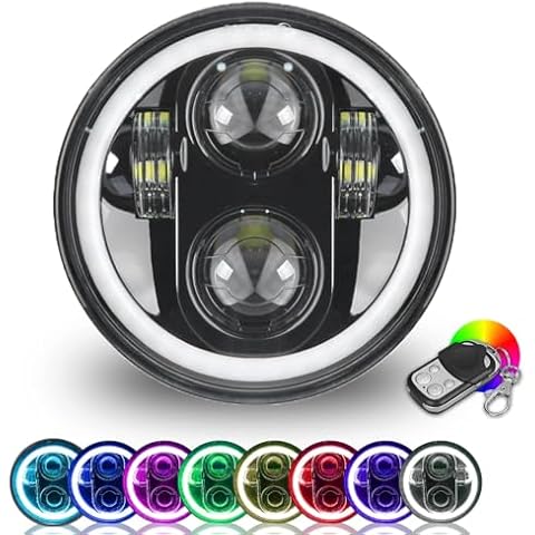 ROCCS 5.75 White Halo Led Headlight, Waterproof Motorcycle Headlight 5-3/4 Headlamp with Halo DRL Multicolor Angel Eyes Compatible with Harley Dyna Sportster 883 72 48 Cover