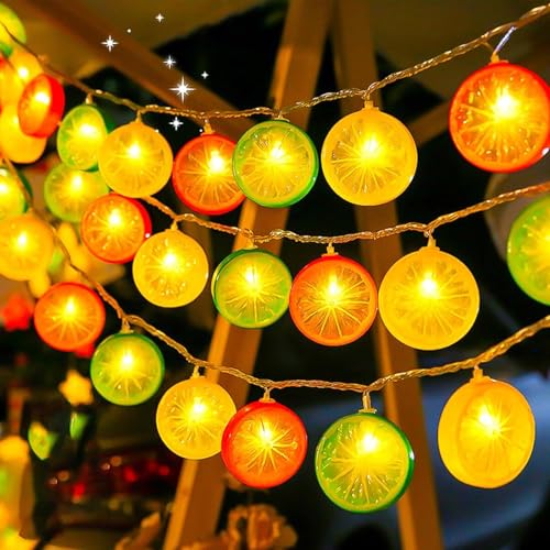 ALEGRE Cadena de luces de limones, 1,5 m, 10 ledes, batería con temporizador, limas + rodajas de naranja + limones amarillos, cadenas de luces para interior y exterior, decoración de limón para otoño