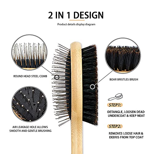 Dog Brush Cat Brush, Vokiuler Double Sided Bristle And Pin Pet Brush For Dog Grooming, Real Boar Bristle Shedding Brush With Bamboo Handle For Long Short Hair, 2 Pack Dog Comb, Black #TOP2