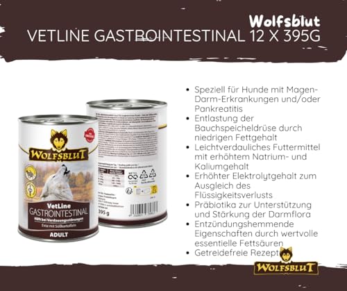 Wolfsblut Vetline Hundefutter - GASTROINTESTINAL, 12x395g - Sparbundel, Sparpaket - inklusive Warnicks Tierfutterservice Hundesnack Goodie