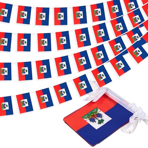 Image of Haiti String Flag Pennant Banner, Small Mini Haitian Flags Bunting Banner, National Country Decoration for School, Party, Sports Events, Patriotic Festival, 33 Feet 30 Flags