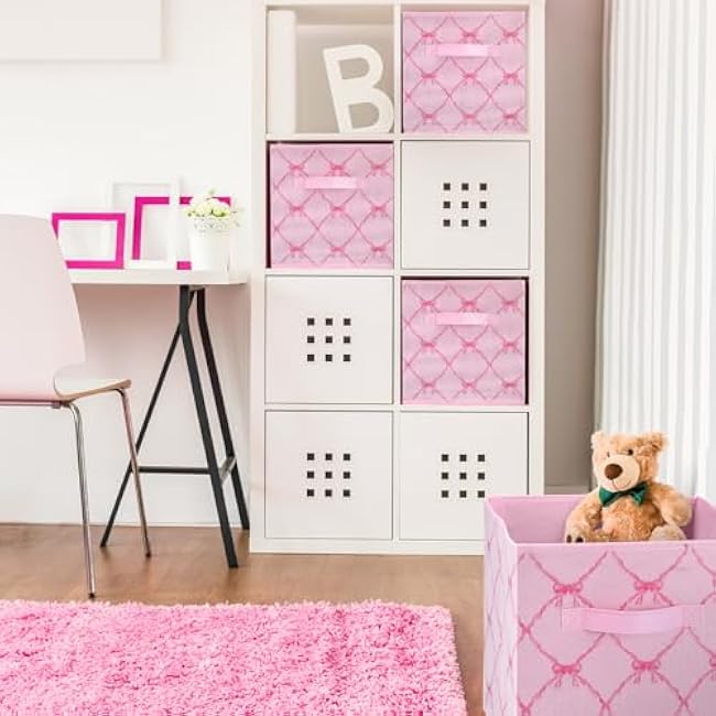 Geelin 6 Pcs Pink Bow Cube Storage Bins 11 Inch Storage Basket with Handle, Preppy Girls Organizer Basket, Collapsible Fabric Box for Classroom Bedrooms Office Home Decoration Gift