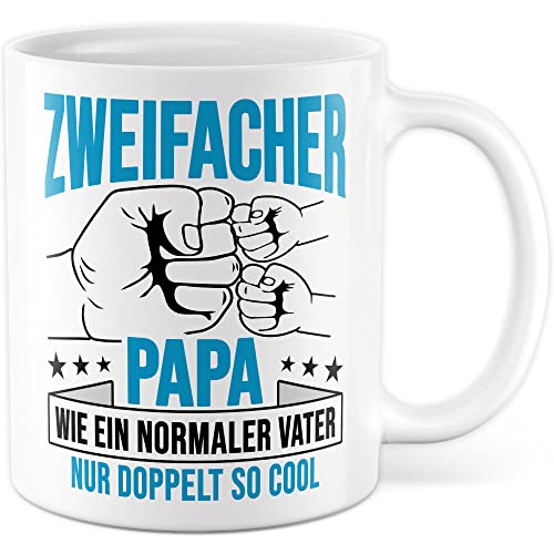 Zweifacher Papa Tasse zweites Kind Geburt Vater Geschenk Kaffeetasse Zwillinge Glückwunsch Sohn Tochter Geschenkidee Väter zwei Kinder Vatertag (Weiß)