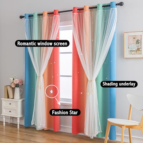 Image of Anytime Double Layer Dreamy Star Blackout Curtain 1 Panel W52 x L72,Rainbow | Princess Style Window Drapes for Kids Room Elegant Decor for Daughter Bedroom Living Room Soft Fabric Design