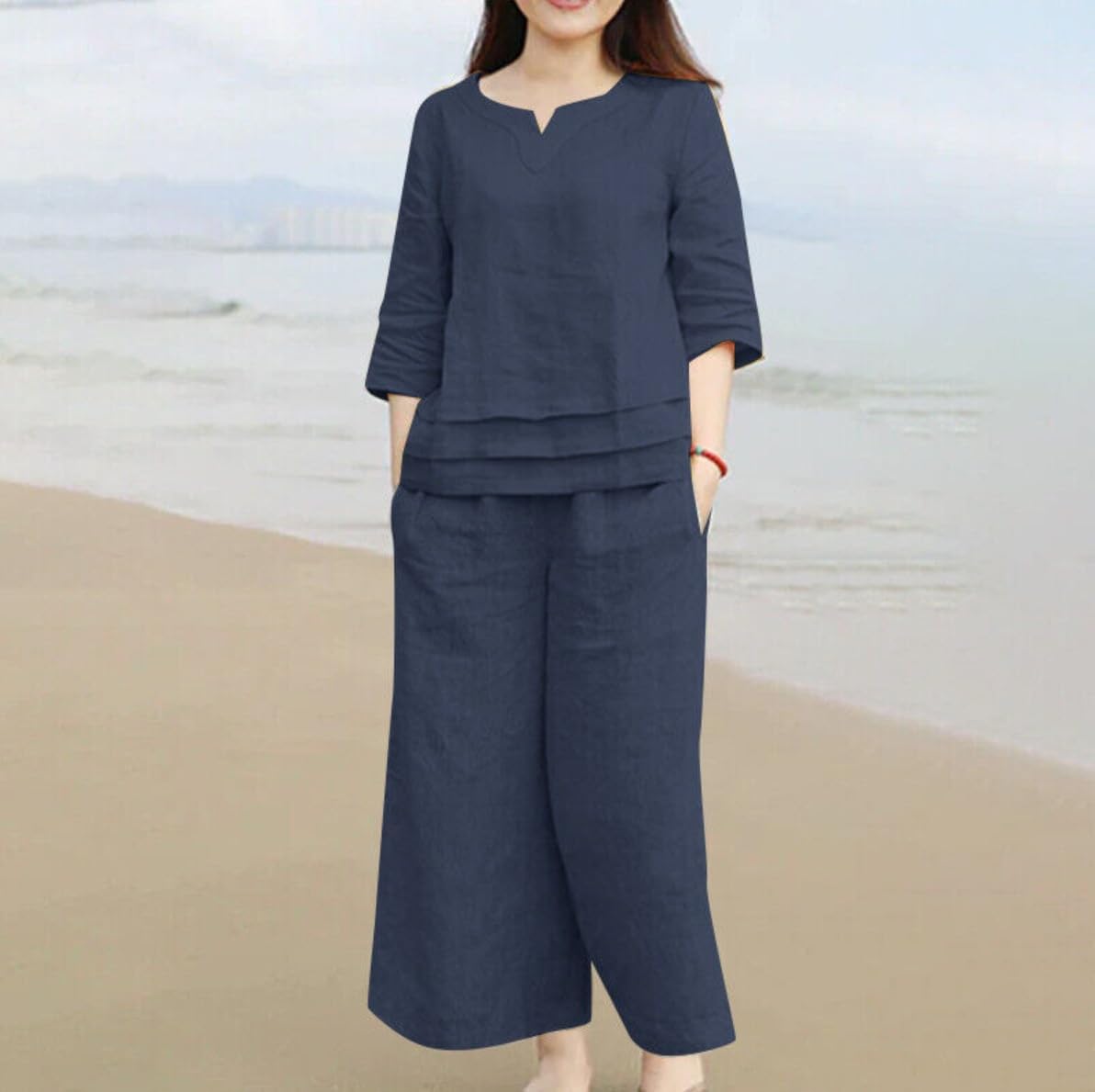 Women's Cotton Linen 2 Piece Outfit 3/4 Sleeve V Neck Layered Top and Wide Leg Pants Casual Set with Pockets