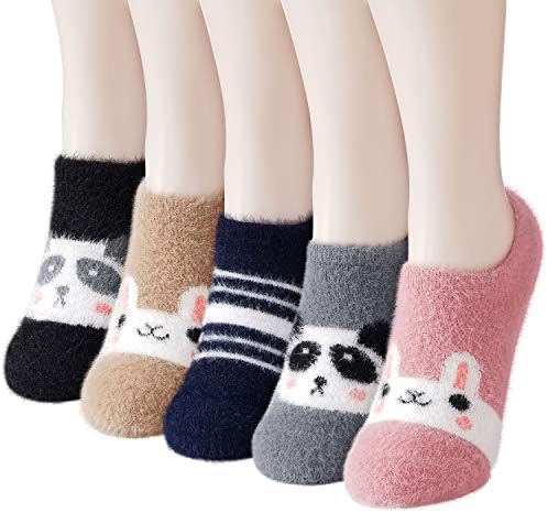 WISVOOO Slipper Socks for Women Anti-Slip 5 pairs Super Soft Warm Cozy with Cute Animal Winter Fluffy Fuzzy Slipper Socks