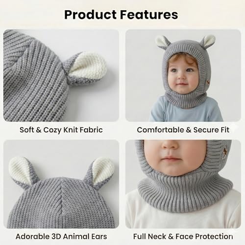 Image of Kraptick Winter Warm Ear Protection Knitted Woolen Unisex Baby Cap with Cute Animal Ears, Soft Fleece Lined Knit Hat with Ear Flaps, Stretchable Monkey Cap for Cold Weather -1