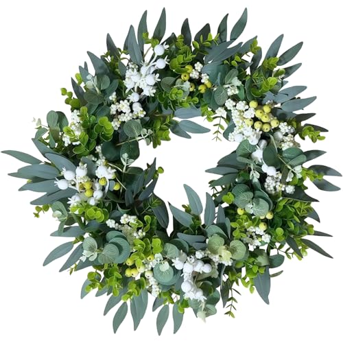 Corona de Eucalipto Artificial 50 Cm, Corona de Puerta de Entrada Color Verde Pared Corona de Plástico para Puertas de Entrada para Boda, Fiesta, jardín, Puerta, Ventana, Pared, Chimenea, Decoración