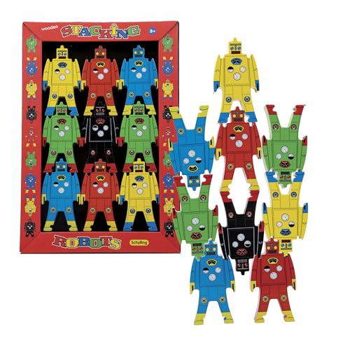 Schylling Stacking Robots - Colorful Wooden Stacking Toy for Kids - 9 pcs. Fun Puzzle for Balancing and Imaginative Play - Ages 3 and Up