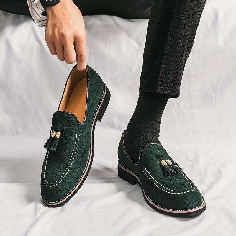 Men's Suede Slippers Loafers Dress Shoes with Tassel Flats Slip-on Prom Loafer3