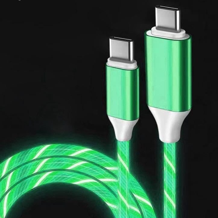 Image of USB Type C to Type C PD Fast Charging Cable Phone Charger High Data Speed Visible Light Up Green Current Flowing for All USB C Device-39Inches Green