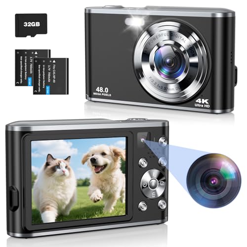 Cámara Digital 4K Ultra HD 48MP, Cámara de Fotos con Doble Lente, Zoom 16X, Tarjeta SD 32GB y 2 Baterías, Cámara Vlogging Portátil para Principiantes