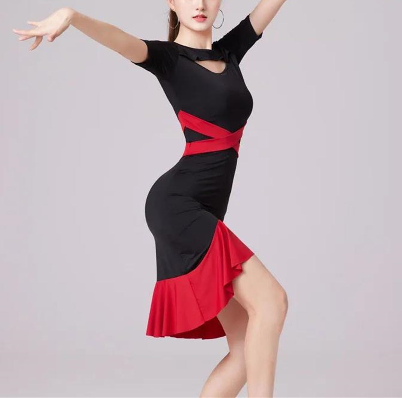 Women Block Colors Latin Dress Summer Short Sleeve Irregular Comfortable Outfit for Latin Dance Performance