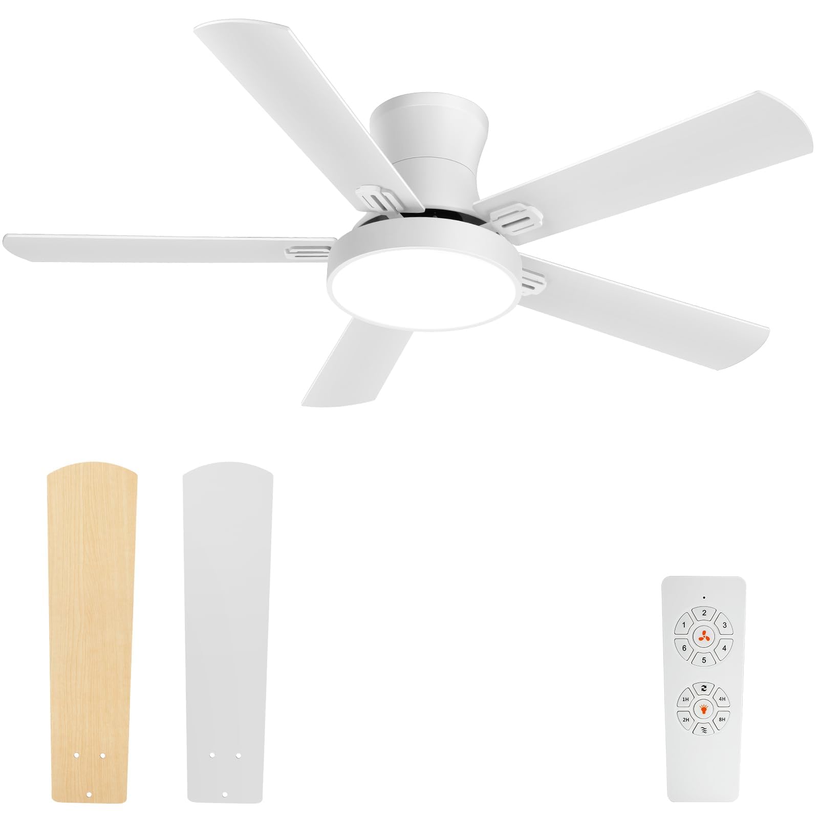 Ceiling Fans with Lights, 52 Inch Flush Mount Fan Light with Remote Control, 6 Speeds, DC Reversible Motor, Timing, 3 Color Temperature White Ceiling Fan for Bedroom Indoor Outdoor Use