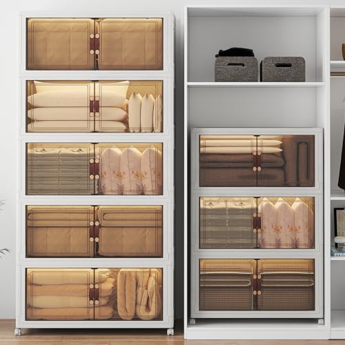 Image of UAMFURI Stackable Storage Bins with Lids, 1440QT Lockable Storage Cabinet, Foldable Storage Box with Doors and Wheels, Plastic Drawers for Home, Garage, Office (8, White, Extra Large)