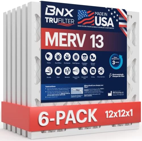 BNX TruFilter 12x12x1 MERV 13 (6-Pack) AC Furnace Air Filter - MADE IN USA - Electrostatic Pleated Air Conditioner HVAC AC Furnace Filters - Removes Pollen, Mold, Bacteria, Smoke (Actual Size: 11 3/4’’ x 11 3/4’’ x 3/4‘’)