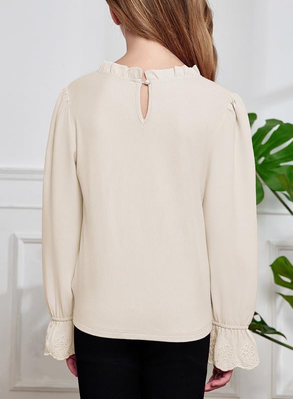 Cute Shirts for Girls Ruffle Long Sleeve Crewneck Ribbed Knit Blouses Tops 6-15 Years - Image 3