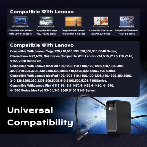 Image of SLE-TECH 65W Laptop Charger for Lenovo IdeaPad Yoga Flex 4.0x1.7mm Tip Cord | Compatible with Lenovo IdeaPad 1 /1i /3 /3i /5 /5i, 110 /110S /310 /320 /330 /330S /510 /520 /530S /710S; 20V 3.25A with Power Cord(Square)