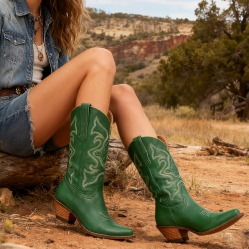 Image of LEHOOR Cowboy Boots Women Embroidered Mid Calf Western Boot Low Chunky Heel | Pointed Toe Pull On Knee High Cowgirl Boots Stacked Heel V Cut Suede Snip Toe Fall Winter Boot Dressy Retro Chic 4-11 M US
